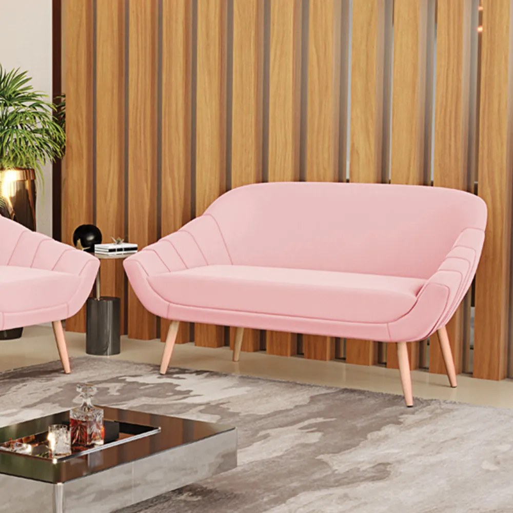 Namoradeira 02 Lugares Giovana Suede Rosa Bebê Pés Palito Natural - D'Rossi