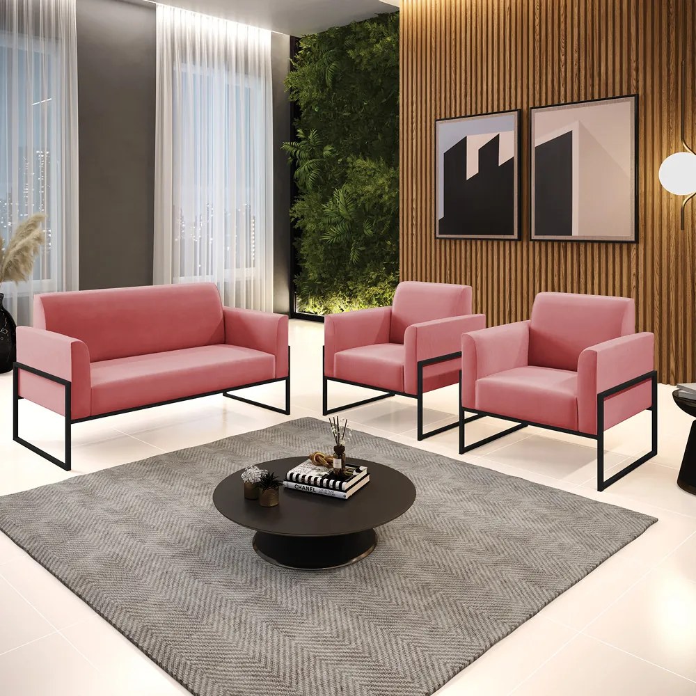 Sofá Namoradeira com 2 Poltronas Base Industrial Alta Preto Marisa Suede D03 - D'Rossi - Rose