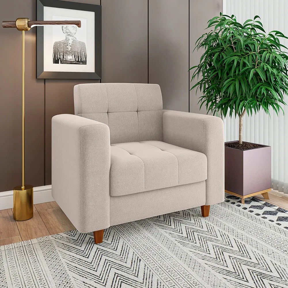 Kit 01 Sofá 3 Lugares e 02 Poltronas Arezzo Linho Pés Chanfrado Castanho - D'Rossi - A19 Bege