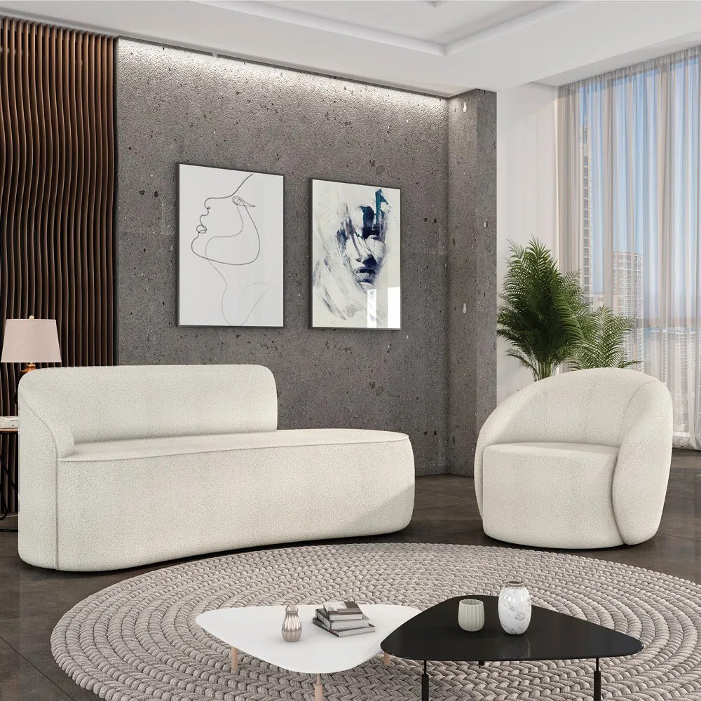 Sofá 2 Lugares Orgânico 140cm Morgan e Poltrona Lua Bouclê D03 - D'Rossi - Off White