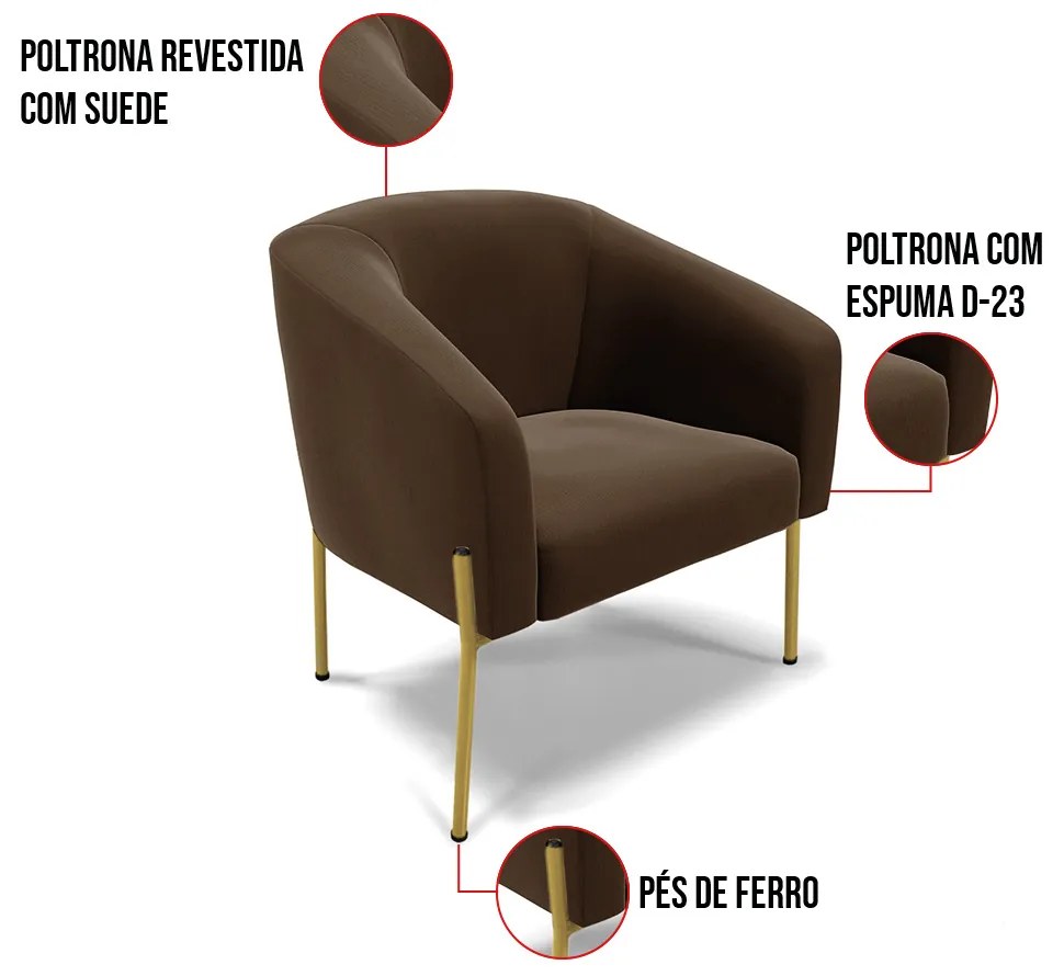 Poltrona Decorativa Pé de Ferro Dourado Kit 2 Stella Suede D03 - D'Rossi - Marrom