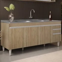 Balcão de Cozinha Com Pia Inox 180cm Dallas Castanho        - Lumil
