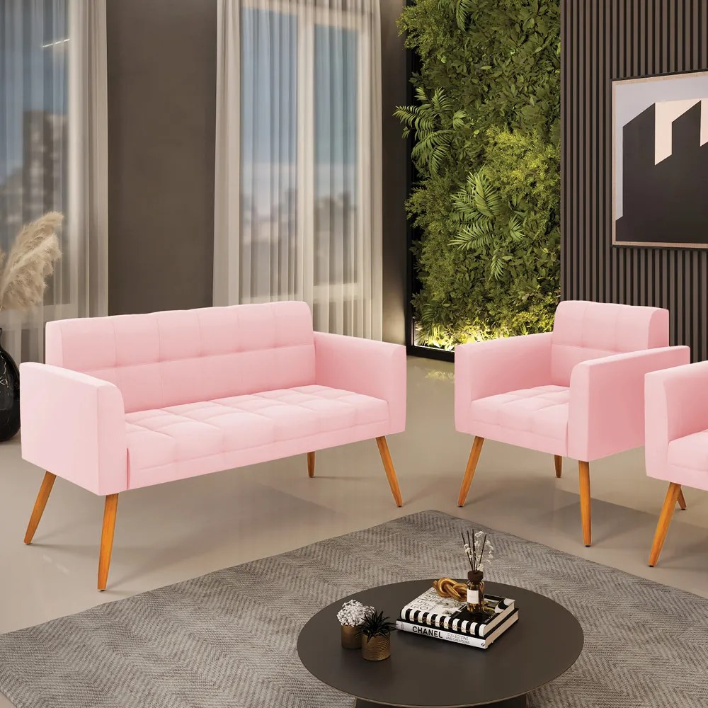 Kit 1 Sofá Namoradeira e 1 Poltrona Elisa Suede Rosa Bebê Pés Palito Castanho - D'Rossi