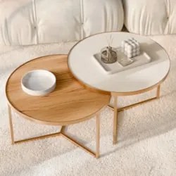 Mesa de Centro Pés Metálicos Kit 2 Thor Off/Cinamomo/Dourado E05 - Mpo