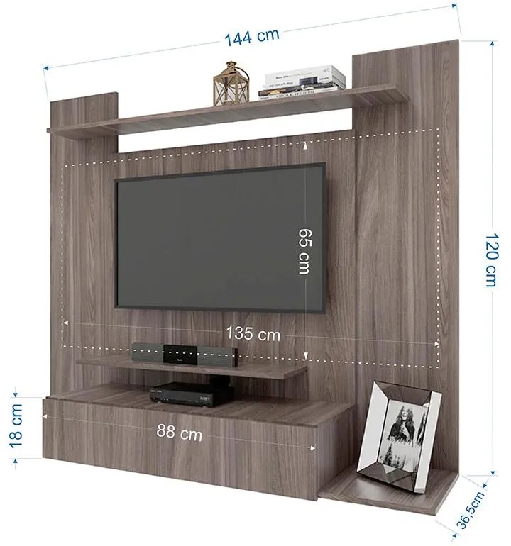 Painel Para TV Até 50" 1 Gaveta 4 Prateleiras Cinza Carvalho