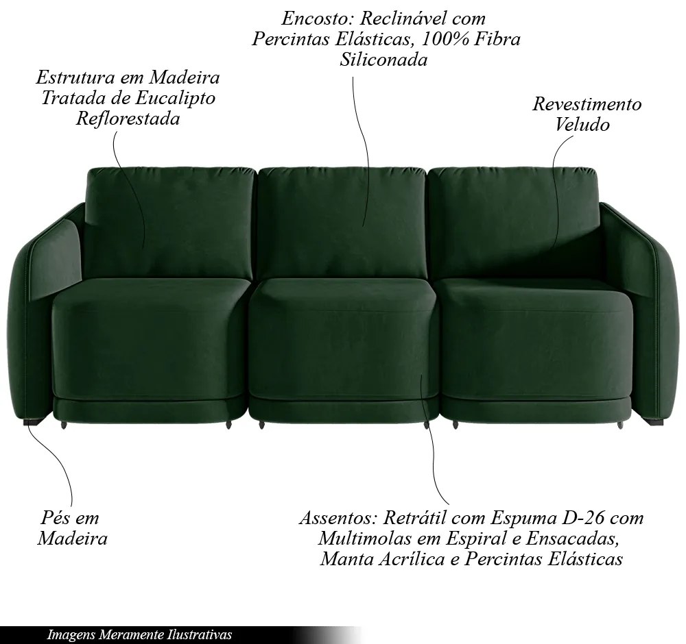 Sofá Cama Modulado Retrátil e Reclinável Decorativo Varsóvia 246cm Veludo Verde G33 - Gran Belo