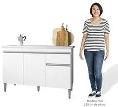 Balcão Gabinete Com Pia Inox 120cm 3 Portas e 1 Gaveta Tatiane Branco