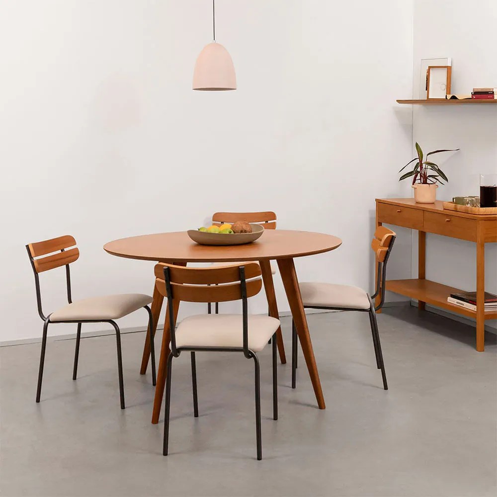 Conjunto Mesa de Jantar Square Laminada Redonda Natural - 1,08m + 4 Cadeiras Ribs Sarja - Deserto