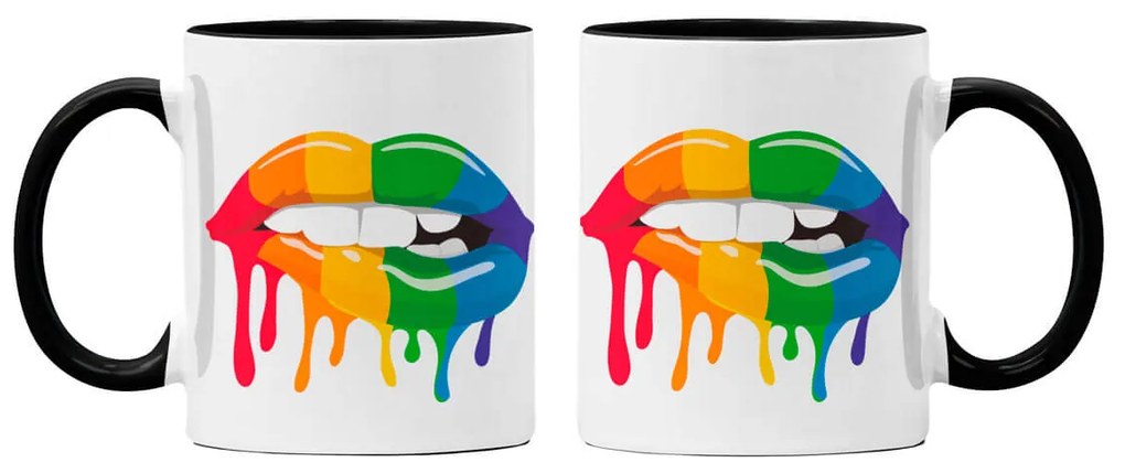 Caneca Boca Lábios Colorido Molhados com Alça Preta