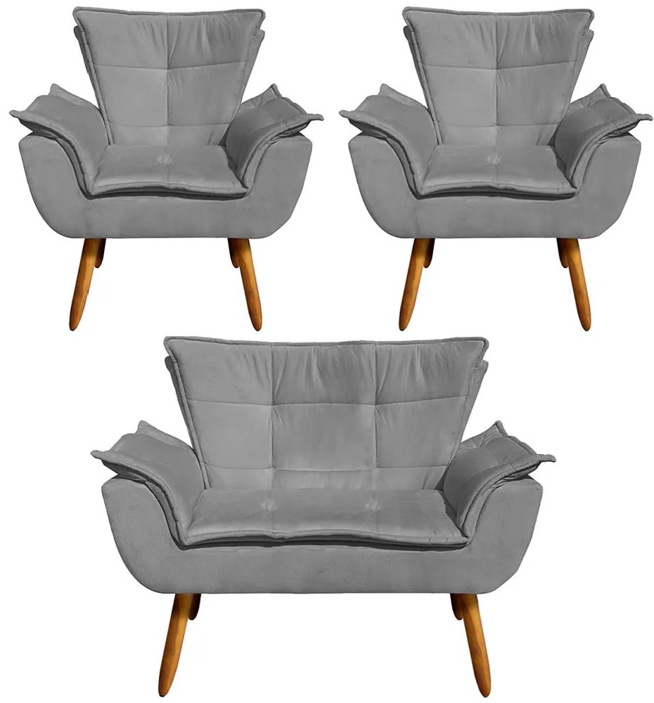 Conjunto 2 Poltronas e 1 Namoradeira Pés Palito Charger Suede Grafite G19 - Gran Belo