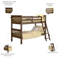 Beliche Solteiro Juvenil com Escada Móvel Joy Z40 Castanho Acetinado -