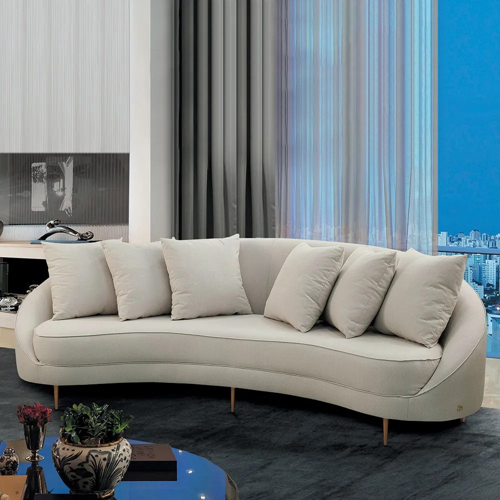 Sofá Sala de Estar Curvo Desing Moderno 250cm com Almofadas Pés de Madeira Sina Linho Bege G93 - Gran Belo