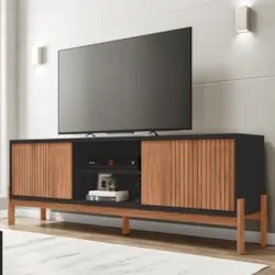 Rack Para Sala Bancada de TV 72 Pol Ripado 184cm Tannen Freijó/Preto -