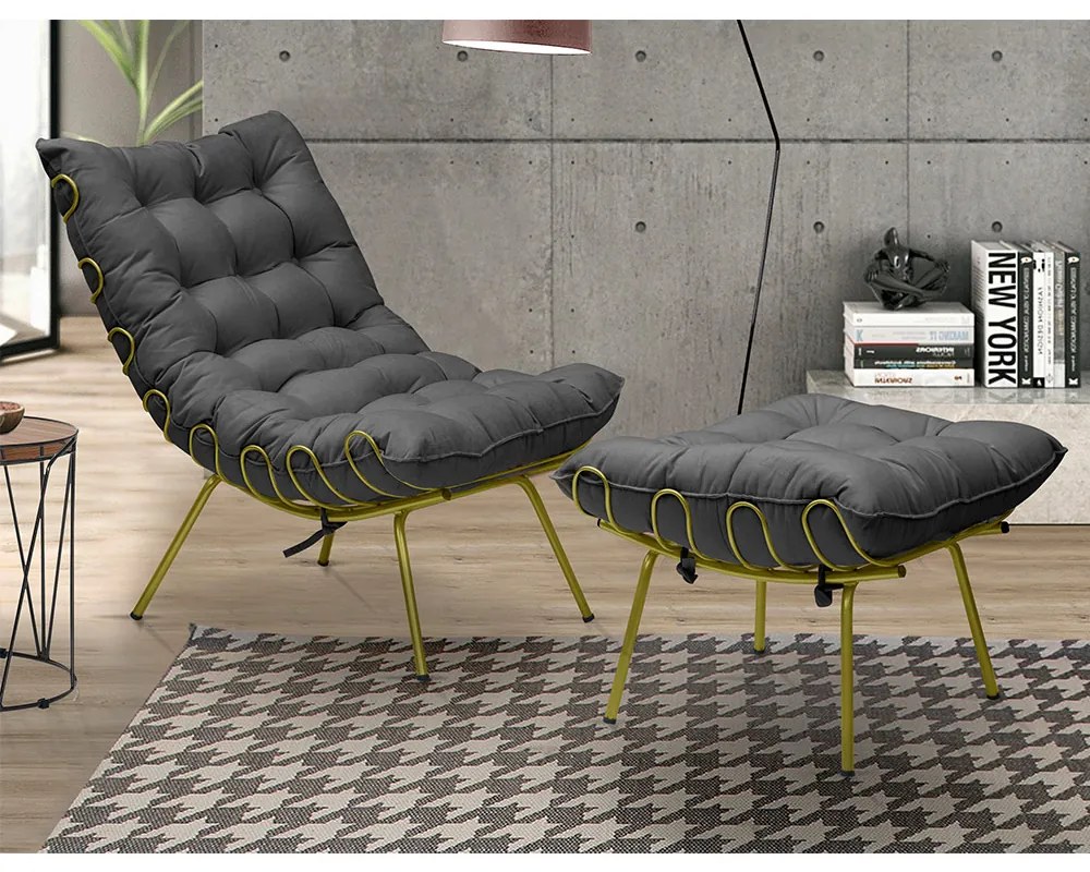 Kit 2 Poltronas Decorativas Sala de Estar Abel Base de Ferro Dourada Suede Cinza G41 - Gran Belo