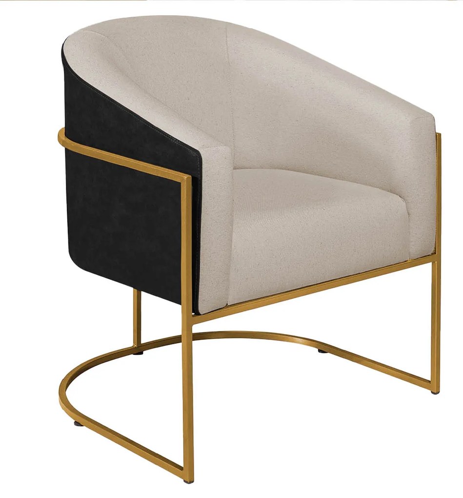 Poltrona Luiza Base de Ferro Dourado Factor Preto e Linho - ADJ Decor