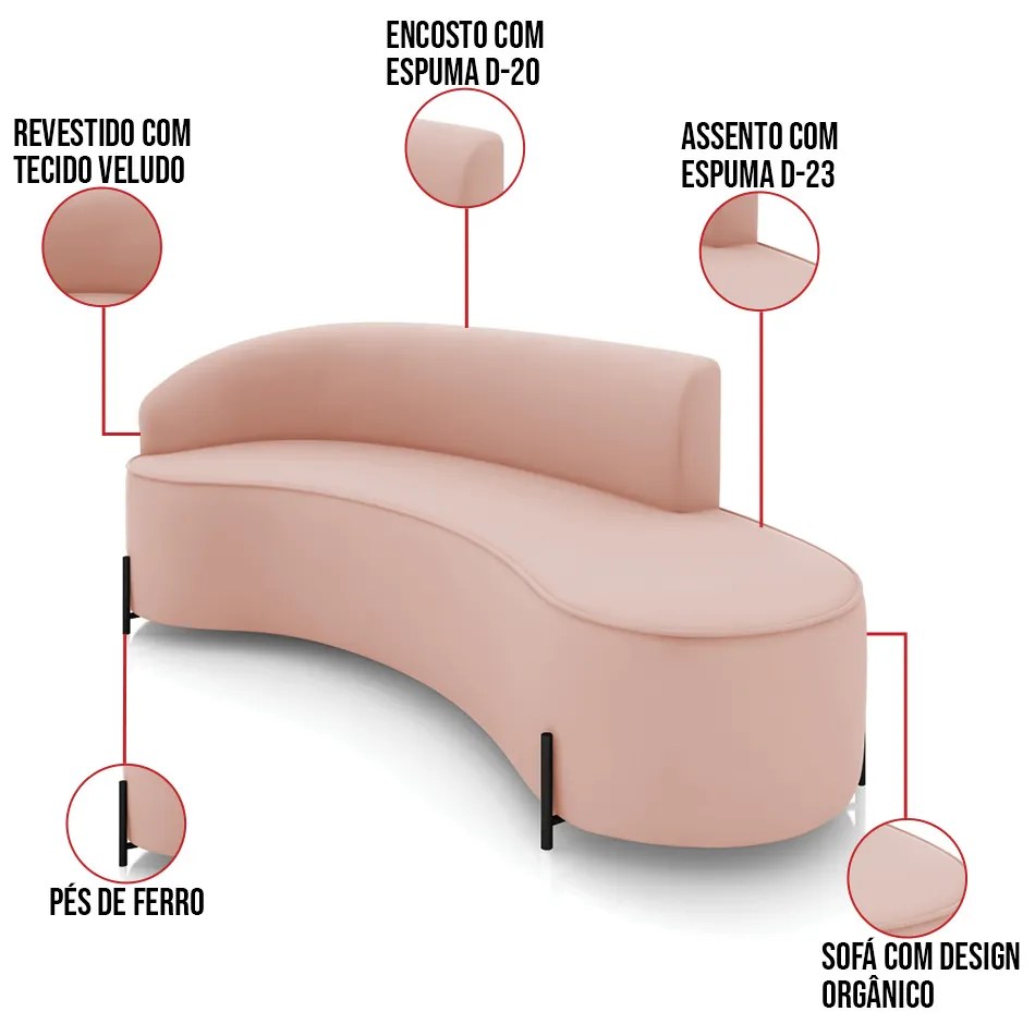 Sofá 4 Lugares Orgânico 220cm Pé Ferro Preto Morgan Veludo D03 - D'Rossi - Rose