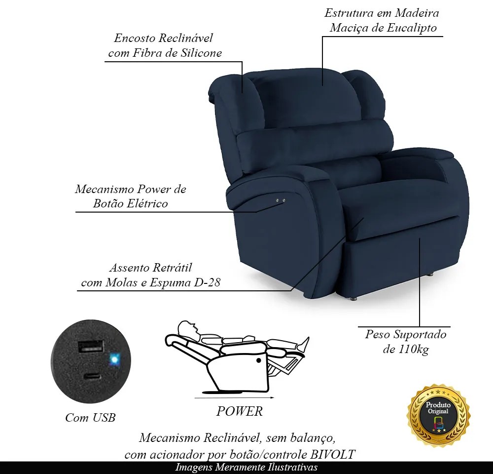 Poltrona do Papai Sala de Cinema Reclinável Kylie Power Touch USB PU Azul G23