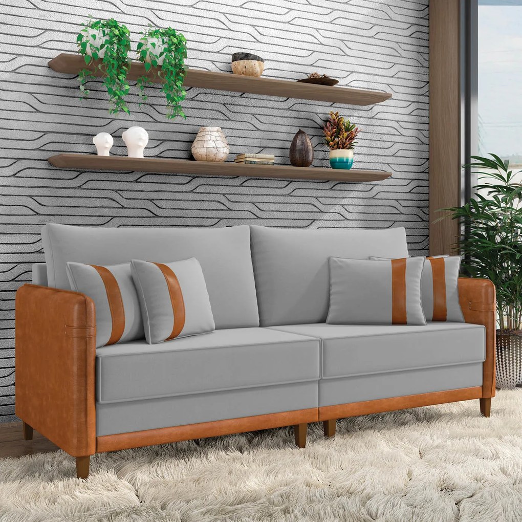 Sofá 2 Lugares Living 172cm Pé Madeira Valença Nozes/Veludo K01 - D'Rossi - Cinza