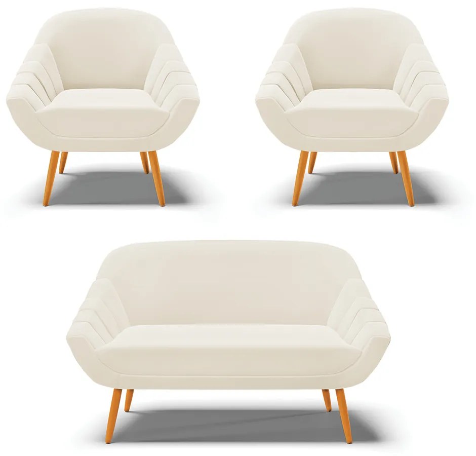 Kit 01 Namoradeira 02 Lugares e 02 Poltronas Giovana Veludo Bege Pés Palito Castanho - Indo Decorar