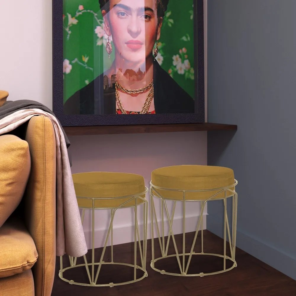 Puff Decorativo Sala de Estar Base Gold Chloe Suede Mostarda G41 - Gran Belo