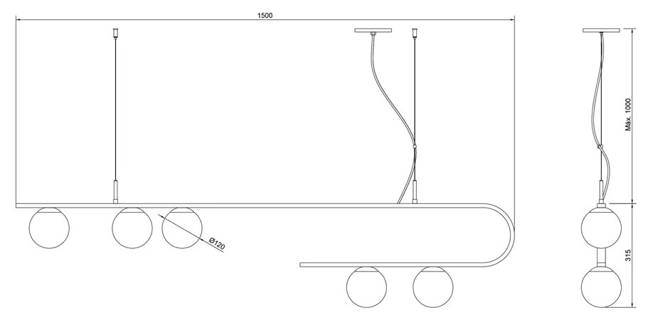 Pendente Dama 150X30Cm 3Xg9 / Cabo Aço Chumbador + Cabo Rayon / Globo... (BT - Branco Texturizado, FOSCO)