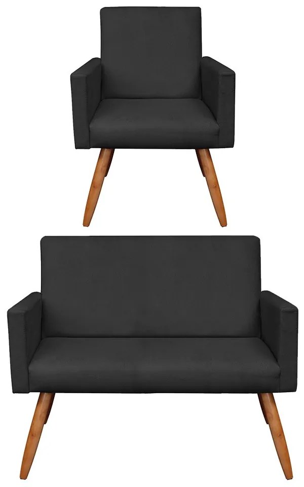 Kit 01 Namoradeira com 01 Poltrona Larissa Suede Preto Pés Palito Castanho D'Rossi