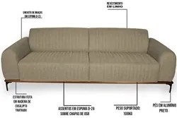 Sofá 230cm 3 Lugares Pés Preto Molino C-129 Linho Bege - Domi
