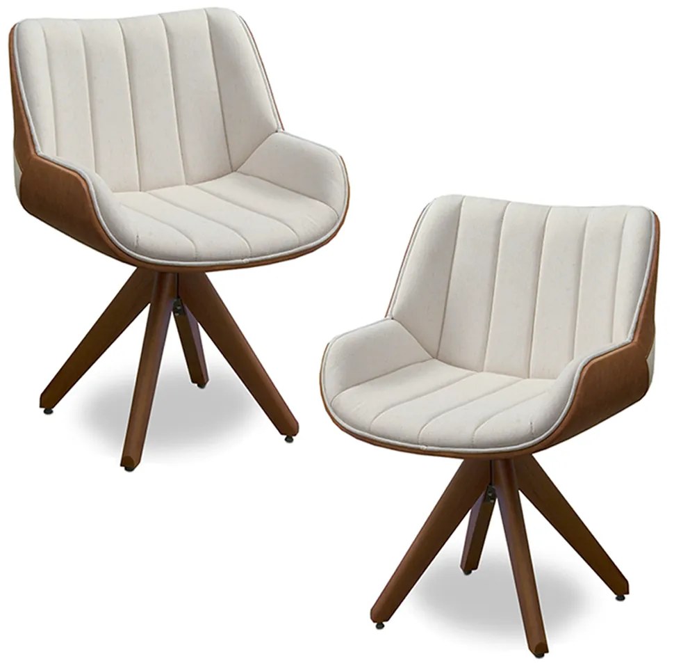 Kit 02 Poltronas Decorativas Base em Madeira Giratória Traoré Linho com PU OffWhite/Marrom G33 - Gran Belo