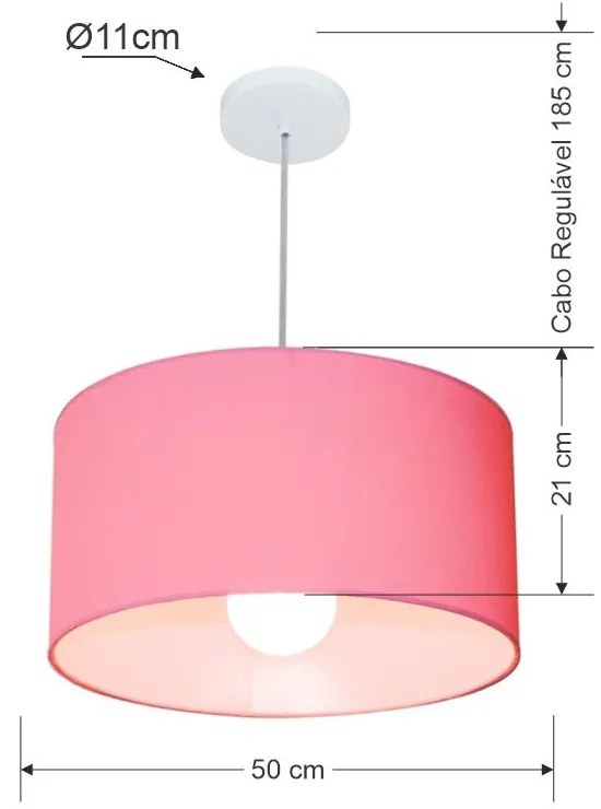 Lustre Pendente Cilíndrico 4052 Cúpula em Tecido 50x21cm Rosa Bebê - Bivolt