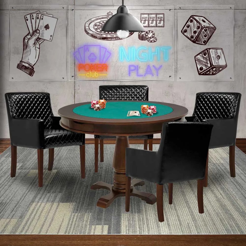 Mesa de Jogos Carteado Victoria Redonda Tampo Reversível Imbuia com 4 Cadeiras Liverpool Corino Preto Matelassê G36 G15 - Gran Belo