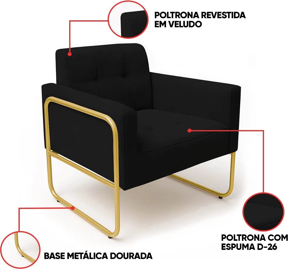 Poltrona Sala Industrial Alta Tubo Dourado Kit 2 Elisa Veludo D03 - D'Rossi - Preto