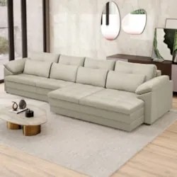 Sofá Retrátil 5 Lugares Para Sala 414cm Dijon Couro Creme S07 - Mpozen