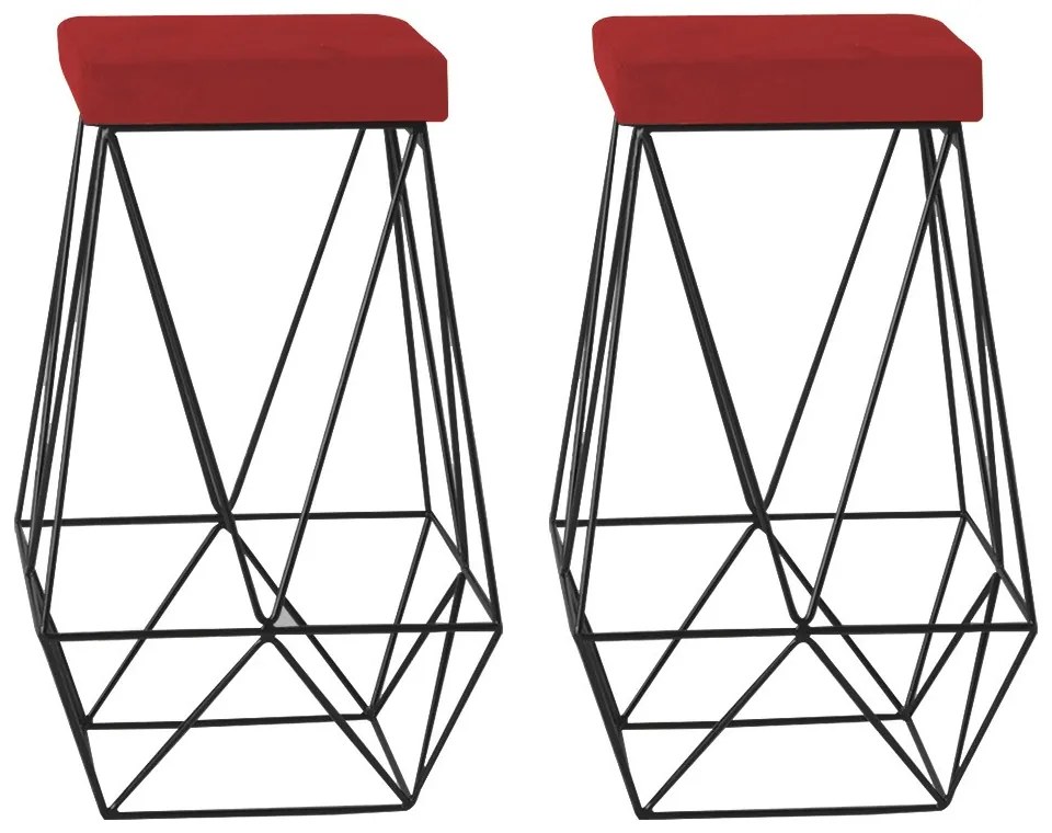 Kit 2 Banqueta Decorativa Kathy Base Preta Suede Vermelho G41 - Gran Belo