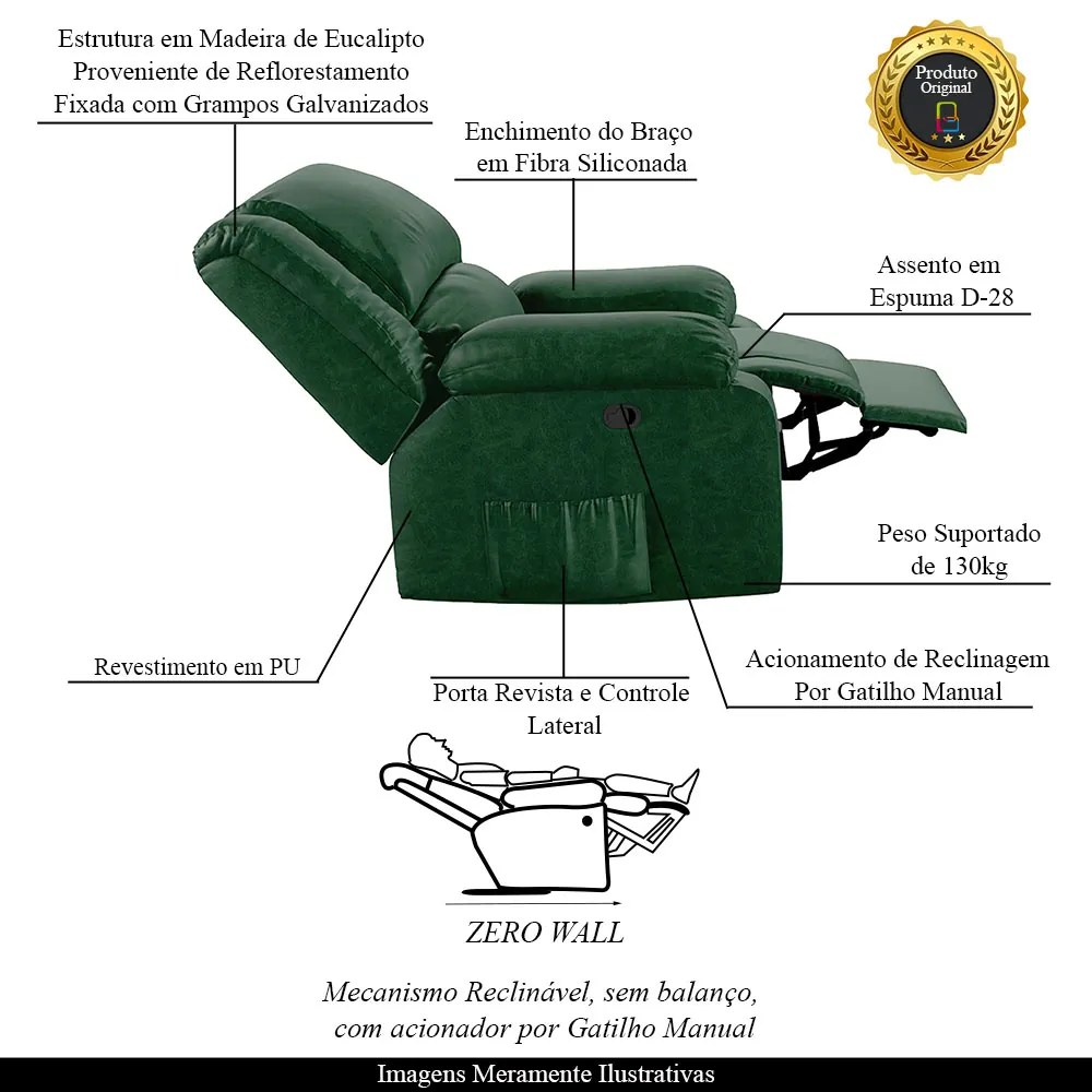 Poltrona do Papai Reclinável Sala de Cinema Madrid Manual PU Verde Musgo G23 - Gran Belo