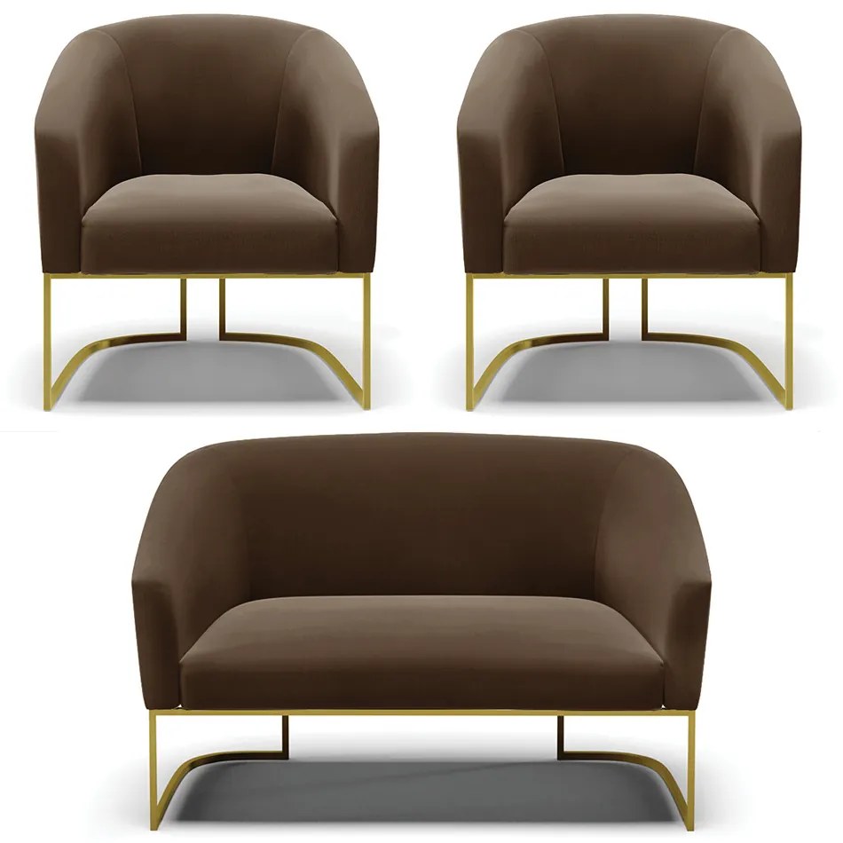 Namoradeira e 2 Poltronas Industrial Dourado Stella Suede D03 - D'Rossi - Marrom