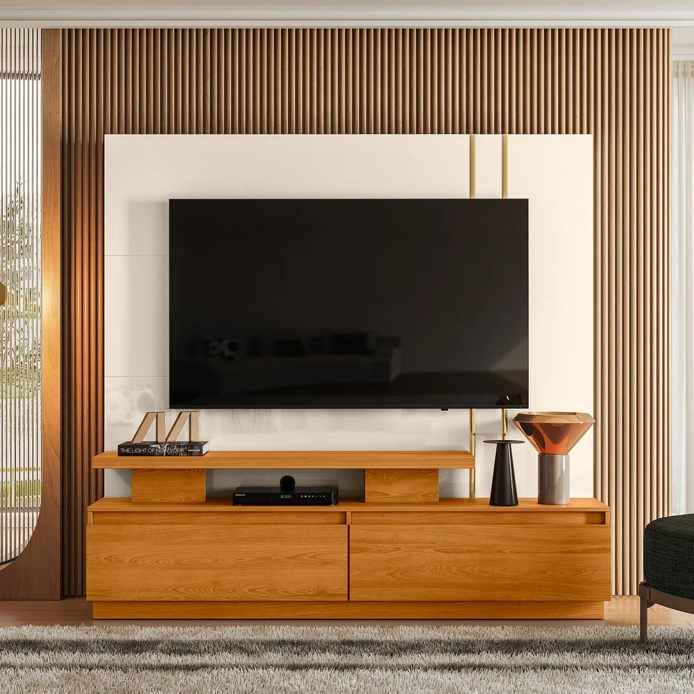 Estante de TV 75 Pol 183cm Sala de Estar Belora M20 - D'Rossi  - Cinamomo e Off White