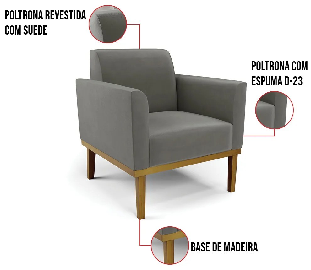 Poltrona Base de Madeira Fixa Castanho Marisa Suede - Grafite