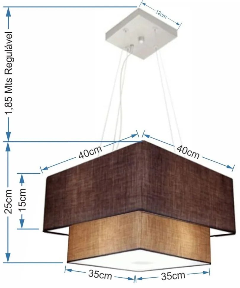Lustre Pendente Duplo Quadrado Vivare Md-4157 Cúpula em Tecido 40x35cm Café / Palha - Bivolt