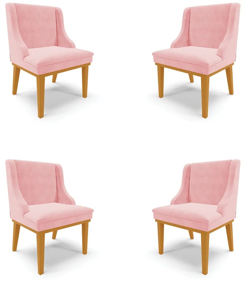 Kit 4 Cadeiras Decorativas Sala de Jantar Base Fixa de Madeira Firenze Suede Rosa Bebê/Castanho G19 - Gran Belo