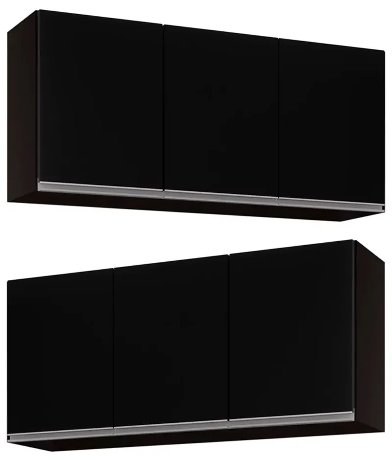 Kit 2 Armários Aéreo de Cozinha Lavanderia 03 Portas Tina 120 cm - D'Rossi - Preto