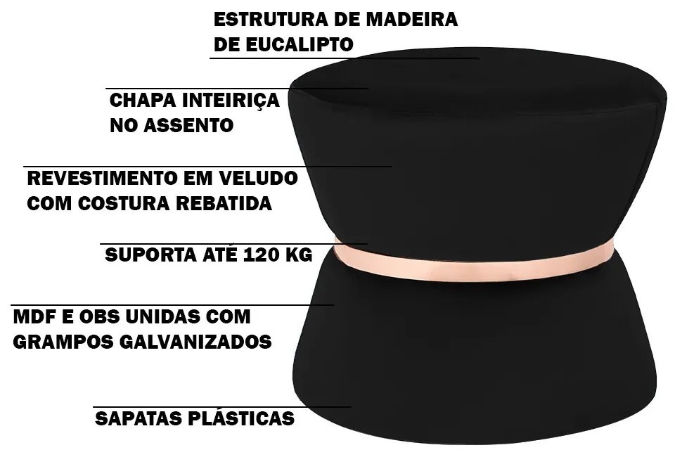 Puff Decorativo Sala de Estar 45cm Dhaka Veludo Preto G15 - Gran Belo