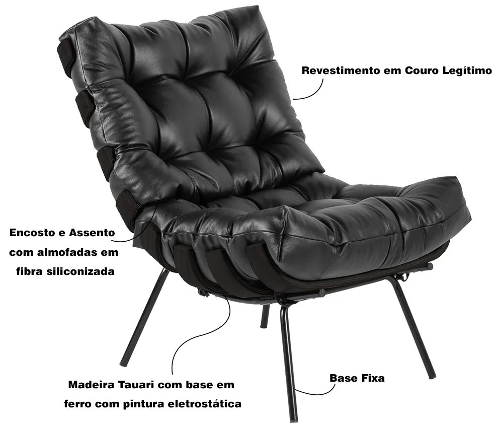 Poltrona Decorativa Sala de Estar Costela Base Preta Couro Preto G34 - Gran Belo