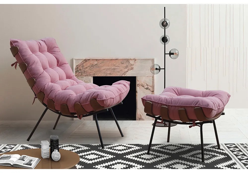 Kit 2 Puffs Decorativos Sala de Estar Abel Base de Madeira Preto Suede Rosa G41 - Gran Belo