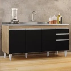 Balcão Gabinete com Pia Inox 160cm Arkansas Castanho/Preto – Lumil