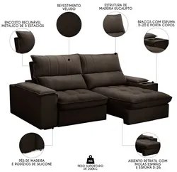 Sofá Retrátil 3 Lugares com Porta Copo 210cm Andes F05 Veludo Marrom E