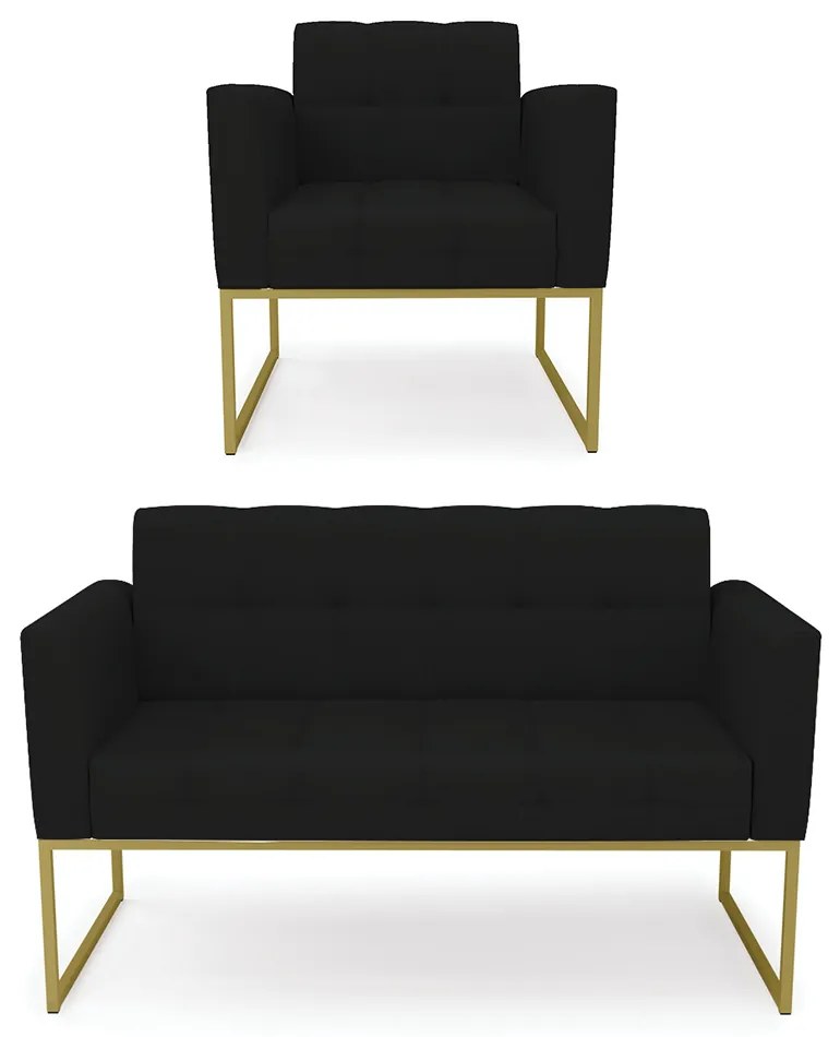 Kit 1 Sofá Namoradeira e 1 Poltrona Elisa Linho Base Metálica Industrial Dourado - D'Rossi - A79 Preto