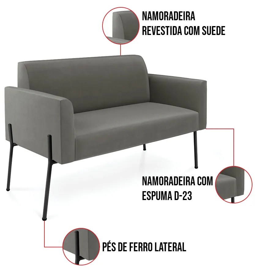 Sofá Namoradeira e Poltrona Pé de Ferro Preto Marisa Suede D03 - D'Rossi - Grafite