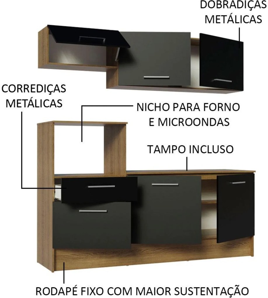 Cozinha Compacta Madesa Onix 180001 com Armário e Balcão - Rustic/Preto Marrom
