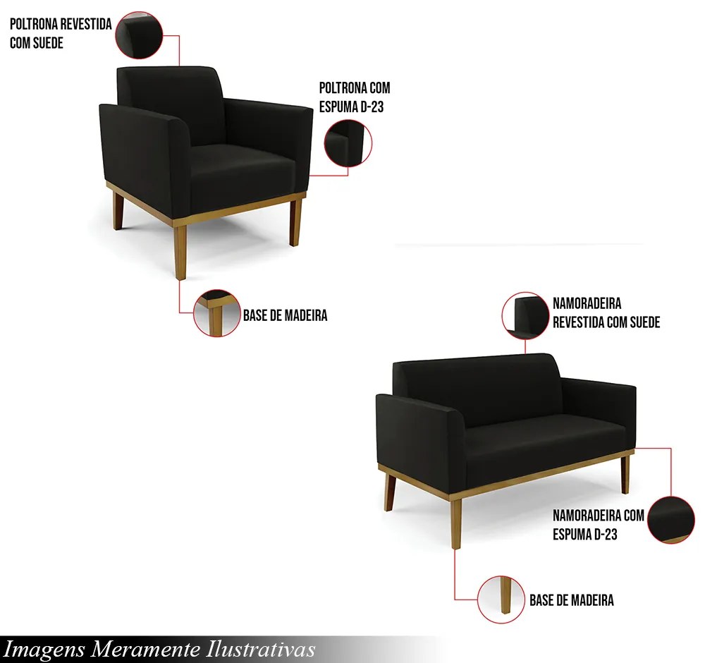 Conjunto 2 Poltronas e 1 Namoradeira Decorativa Isabella Pés Fixo em Madeira Castanho Suede Preto G19 - Gran Belo