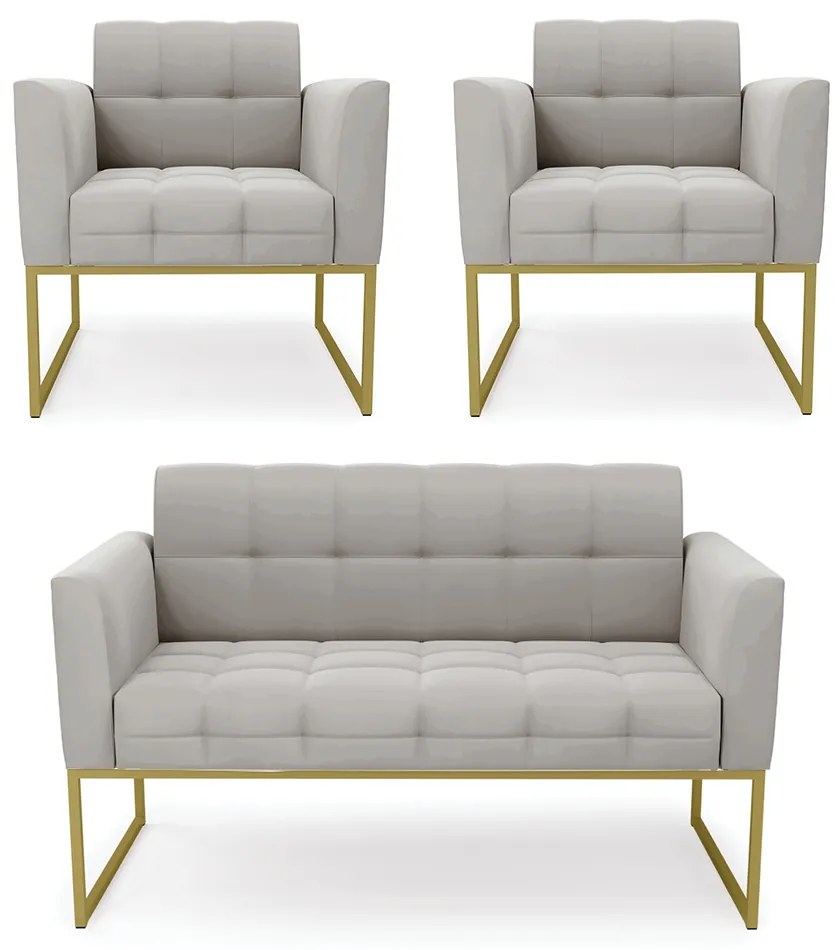 Kit 1 Sofá Namoradeira e 2 Poltronas Elisa Veludo Base Metálica Industrial Dourado D03 - D'Rossi - Cinza